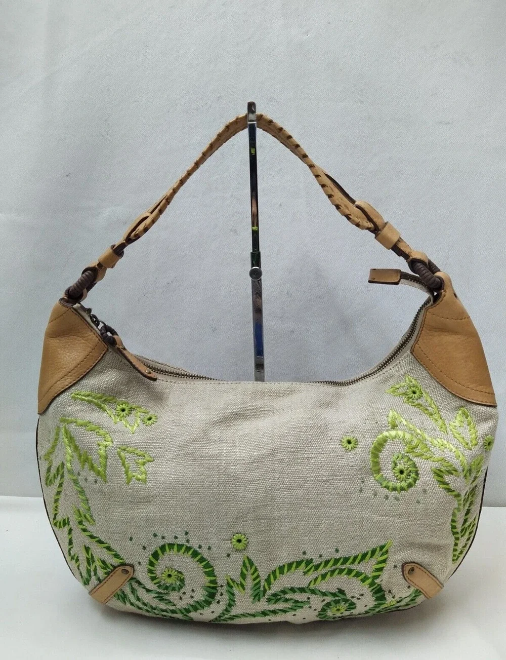 Cole Haan Multicolor Canvas Leather Trim Floral Zipper Closure Hobo Shoulder Bag